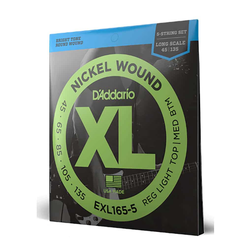 Bass Guitar Strings – D’Addario EXL165-5 – 5 String – Long Scale – Nickel Wound – Regular Light Top/Medium Bottom – 45-135  2