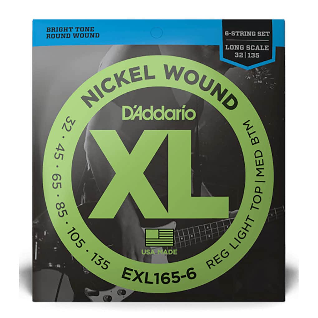 Bass Guitar Strings – D’Addario EXL165-6 – 6 String – Long Scale – Nickel Wound – Regular Light Top/Medium Bottom – 32-135  1